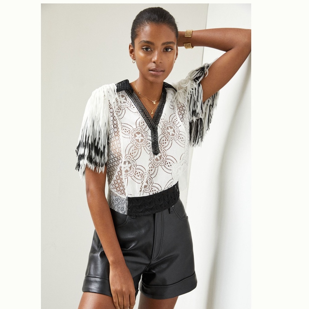 Byron Lars Fringed Sheer Lace Blouse